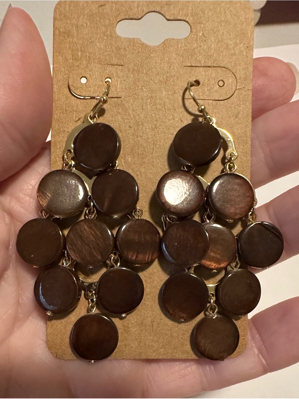 Gold Brown Disc Chandelier pierced Earrings